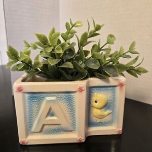 Vintage Ceramic Baby Block Planter with Blue and Cream Design